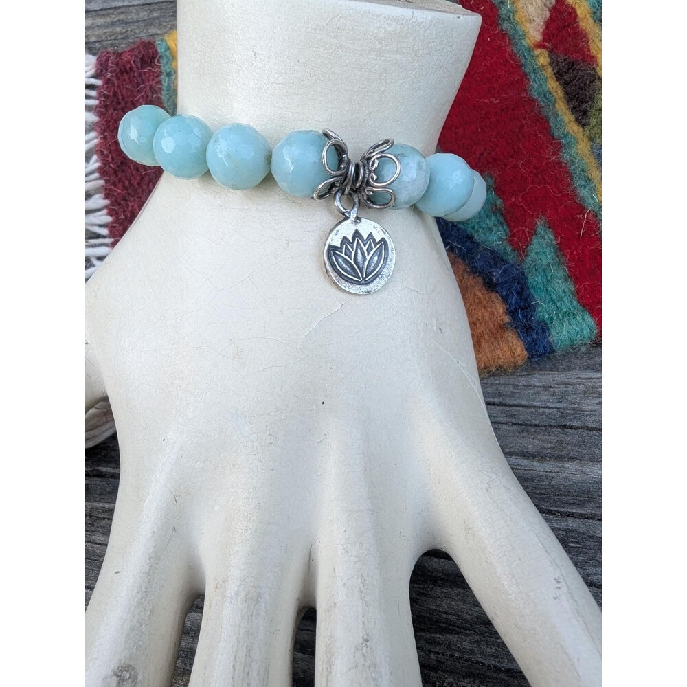 Vintage Sterling Amazonite Bead Bracelet, Lotus Zen Bracelet - Picture 2 of 10